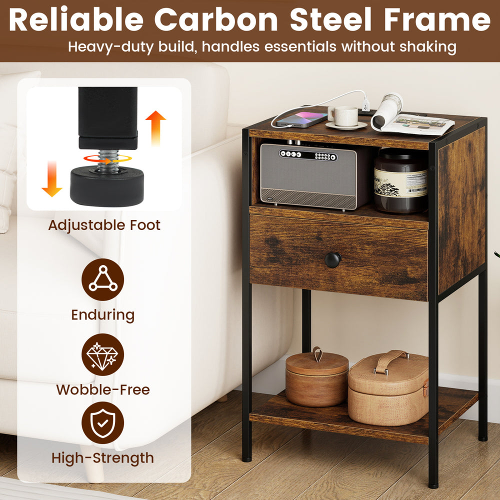 Rustic brown nightstand with charging station, USB ports, and adjustable feet for a wobble-free design in any room.