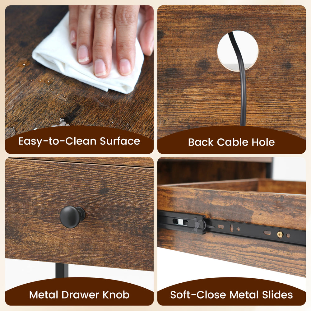 Close-up of the nightstand's easy-to-clean surface, featuring a back cable hole and soft-close metal slides for smooth.