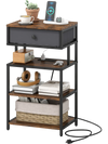 Nightstand with charging station, 28-inch tall, rustic brown finish, featuring a fabric drawer and open shelves for.