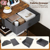 Nightstand with a fabric drawer, featuring a rustic brown top and charging station for convenient bedside storage.