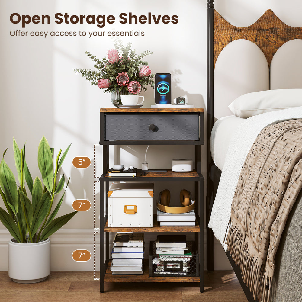 Nightstand with charging station, rustic brown finish, featuring a fabric drawer and open storage shelves for.
