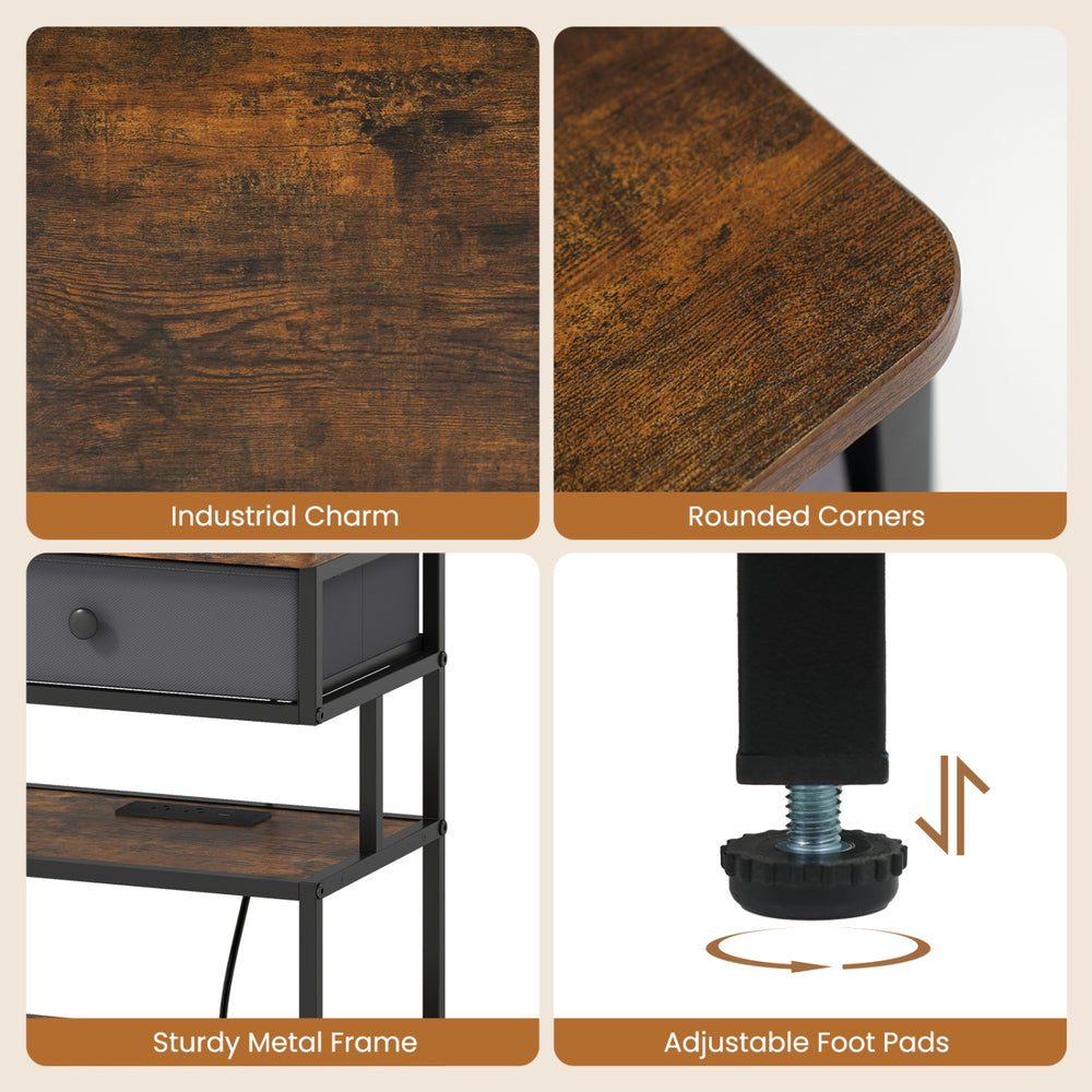 Nightstand with rustic brown finish, featuring a sturdy metal frame, rounded corners, and adjustable foot pads.