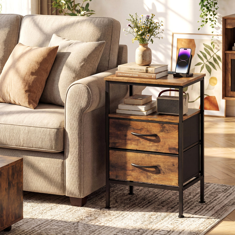 Nightstand with Charging Station 24.5 inch Modern Bedside Table with 2 Fabric Drawers-Rustic Brown - Gallery View 1 of 11