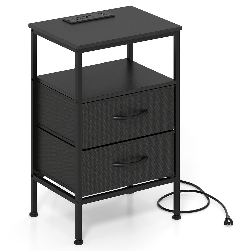Modern black nightstand with charging station, two fabric drawers, and open shelf for versatile bedroom storage.