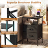 Modern black nightstand with charging station, featuring 2 fabric drawers and a sturdy metal frame for versatile use.