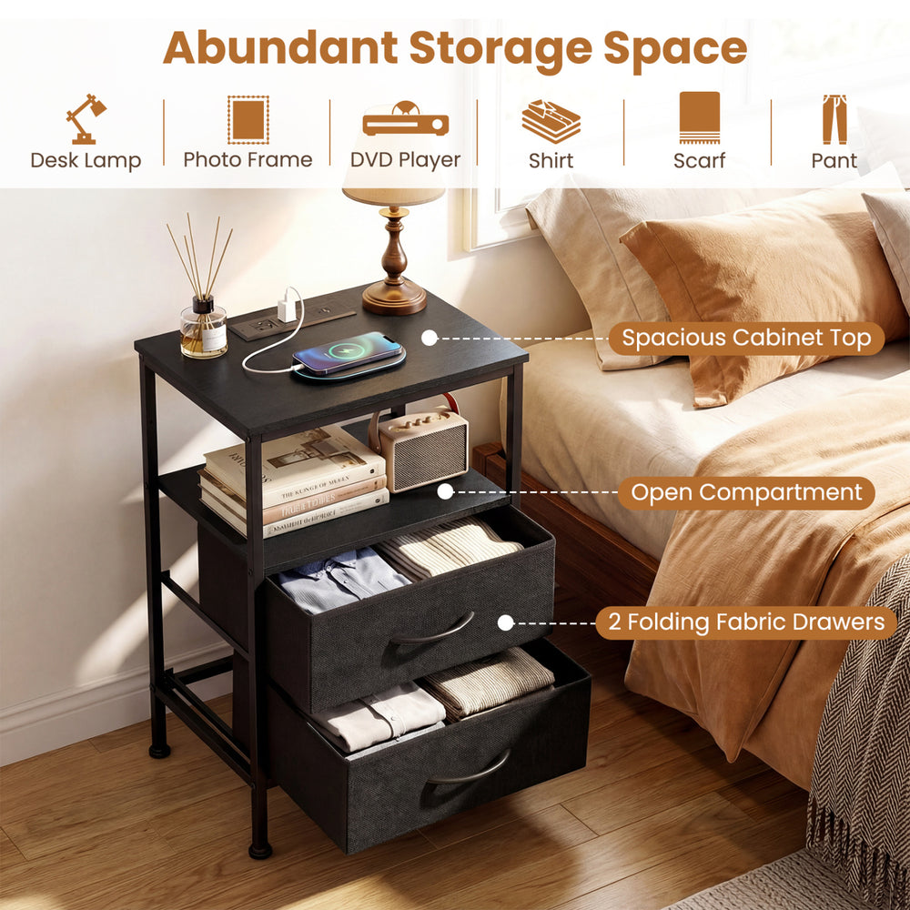 Modern black nightstand with charging station, featuring 2 fabric drawers and spacious top for bedside storage.
