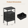 Dimensions of the black nightstand with charging station, featuring two fabric drawers and a wide tabletop for.