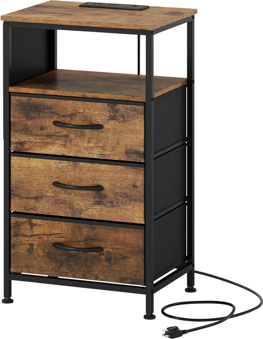 Nightstand with charging station features 3 fabric drawers and a rustic brown wood-like surface for versatile storage.