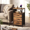 Modern nightstand with rustic brown finish, featuring 3 fabric drawers and charging station for convenient bedside.