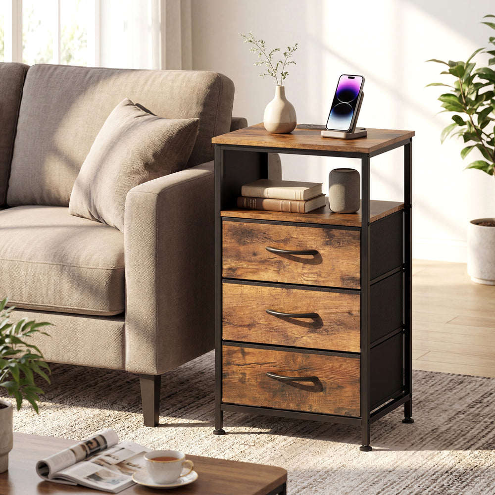 Modern nightstand with rustic brown finish, featuring 3 fabric drawers and charging station for convenient bedside.