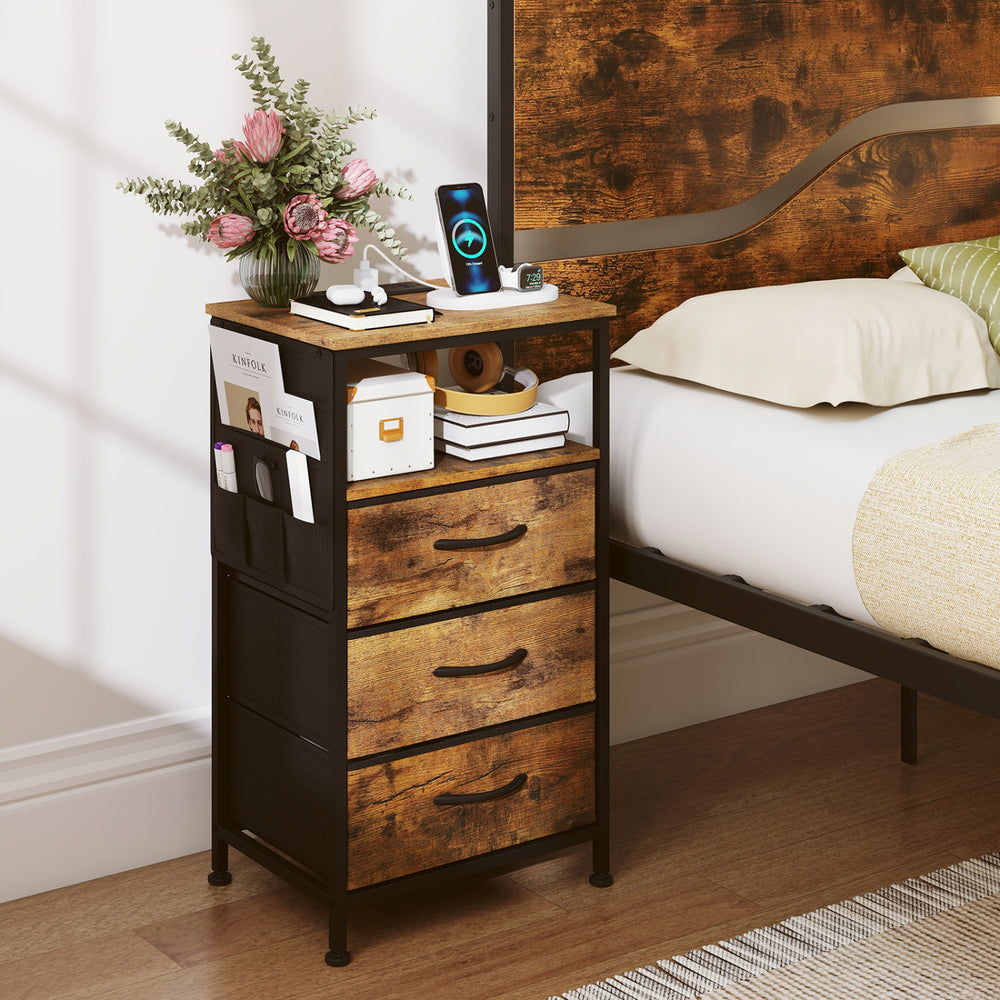Nightstand with charging station featuring 3 fabric drawers and rustic brown finish, ideal for bedroom storage and.