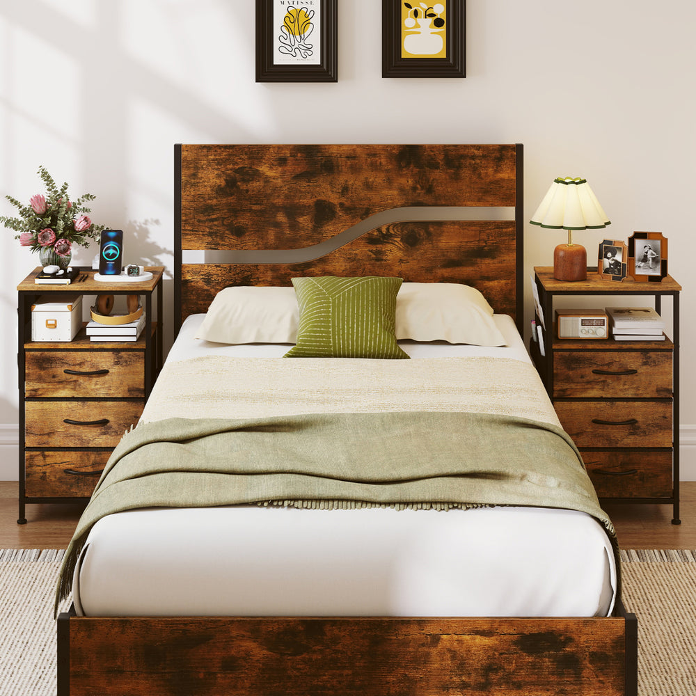 Rustic brown nightstand with 3 fabric drawers, charging station, and stylish wood-like surface for bedroom convenience.