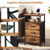 Nightstand with charging station featuring 3 fabric drawers and a rustic brown finish, ideal for bedroom storage.