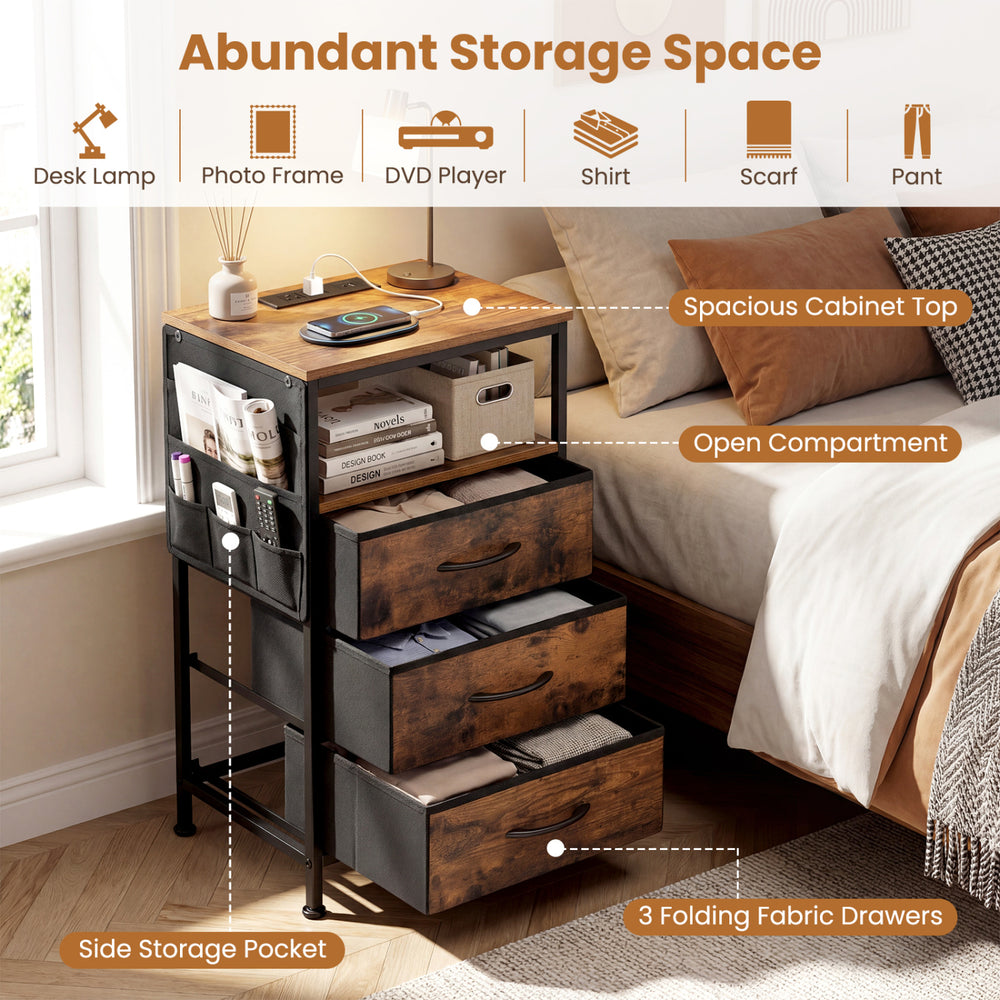 Nightstand with charging station featuring 3 fabric drawers and a spacious top for convenient bedside storage.