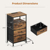 Nightstand with charging station featuring 3 fabric drawers, rustic brown finish, and dimensions of 27.5 inches high.