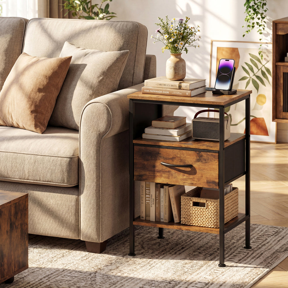Nightstand with Charging Station 24.5 inch Modern Bedside Table with Fabric Drawer-Rustic Brown - Gallery View 1 of 12