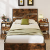 Rustic brown nightstand with charging station, featuring AC outlets, USB port, and a fabric drawer for versatile.