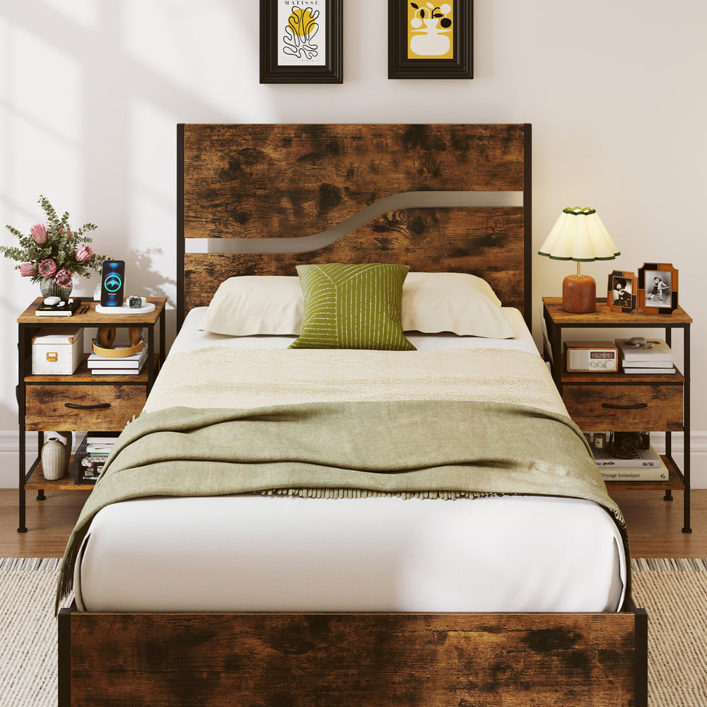 Rustic brown nightstand with charging station, featuring AC outlets, USB port, and a fabric drawer for versatile.