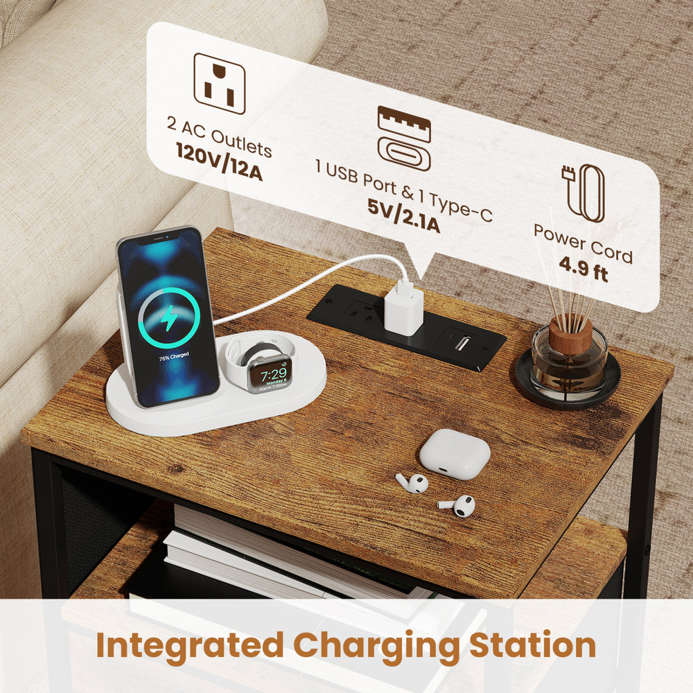 Nightstand with integrated charging station featuring 2 AC outlets, USB and Type-C ports, in rustic brown finish.