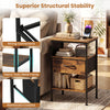 Rustic brown nightstand with charging station, featuring a fabric drawer, open compartment, and heavy-duty metal frame.