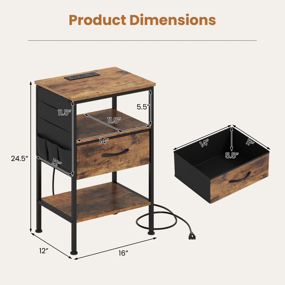 Dimensions of the rustic brown nightstand with charging station, featuring fabric drawer and open storage compartment.