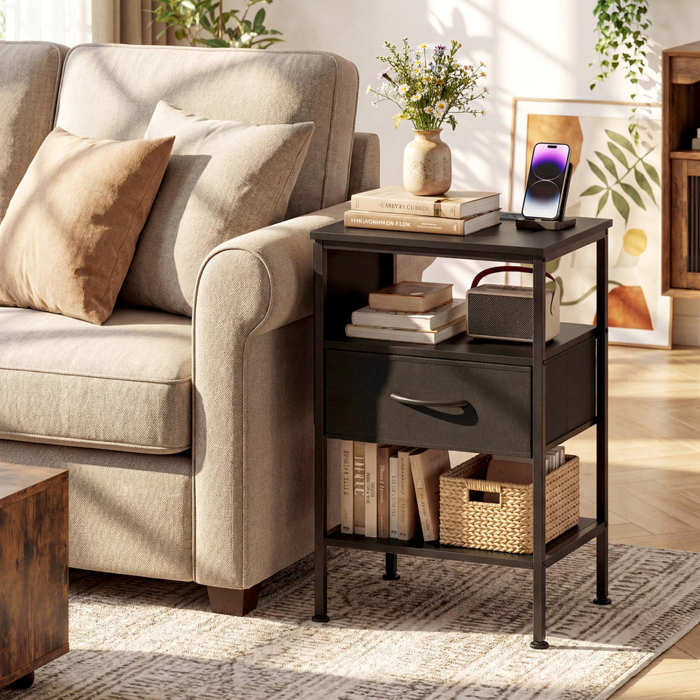 Nightstand with Charging Station 24.5 inch Modern Bedside Table with Fabric Drawer-Black - Gallery View 1 of 12