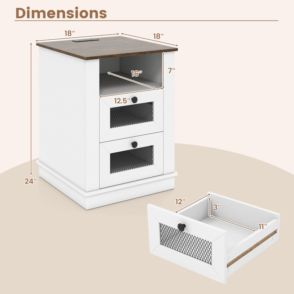 Nightstand with charging station features two drawers, open compartment, and rustic brown top for versatile bedroom storage.