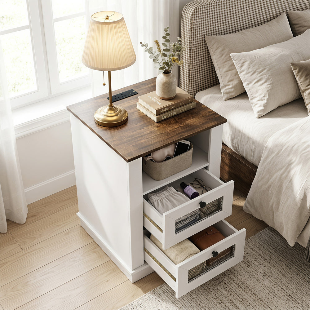 Nightstand with rustic brown finish features a charging station, two drawers, and metal mesh front for stylish bedroom storage.
