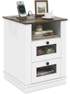 Nightstand with a wide top and open compartment includes a rustic brown finish, two drawers, and built-in charging options.
