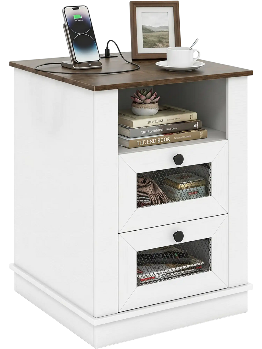 Nightstand with a wide top and open compartment includes a rustic brown finish, two drawers, and built-in charging options.