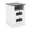 Nightstand with rustic brown top features a charging station, two drawers, and metal mesh front for stylish storage.