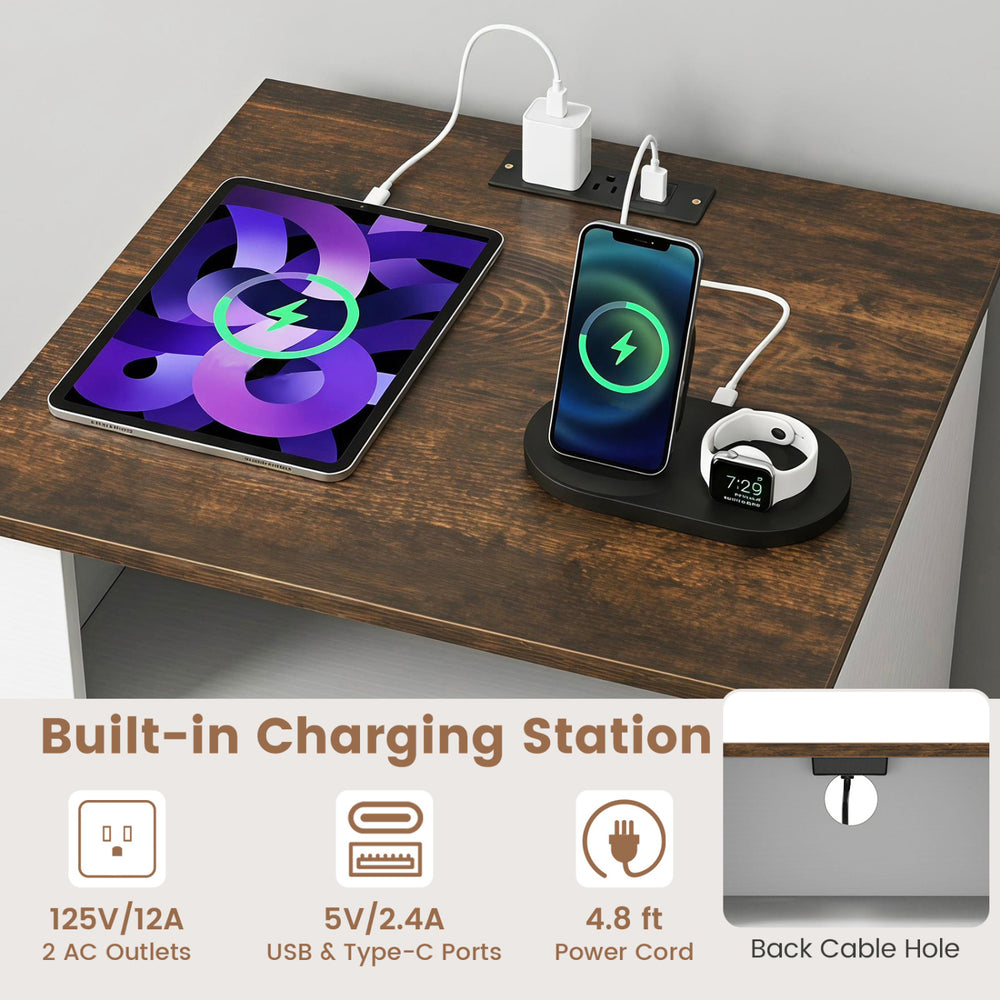 Nightstand in rustic brown featuring a built-in charging station with AC outlets and USB ports for convenient bedroom storage.
