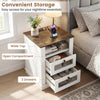 Nightstand with rustic brown finish featuring a wide top, 2 drawers, and built-in charging station for convenient storage.