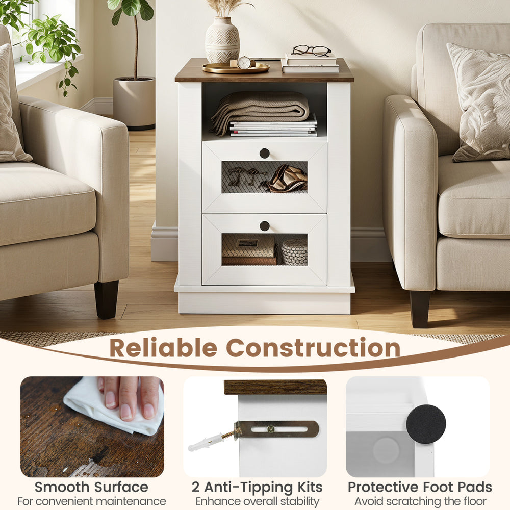 Nightstand with charging station features rustic brown finish, two drawers, and anti-tipping kits for enhanced stability.