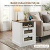 Nightstand with charging station features a rustic brown top, metal mesh front, and two drawers for convenient storage.