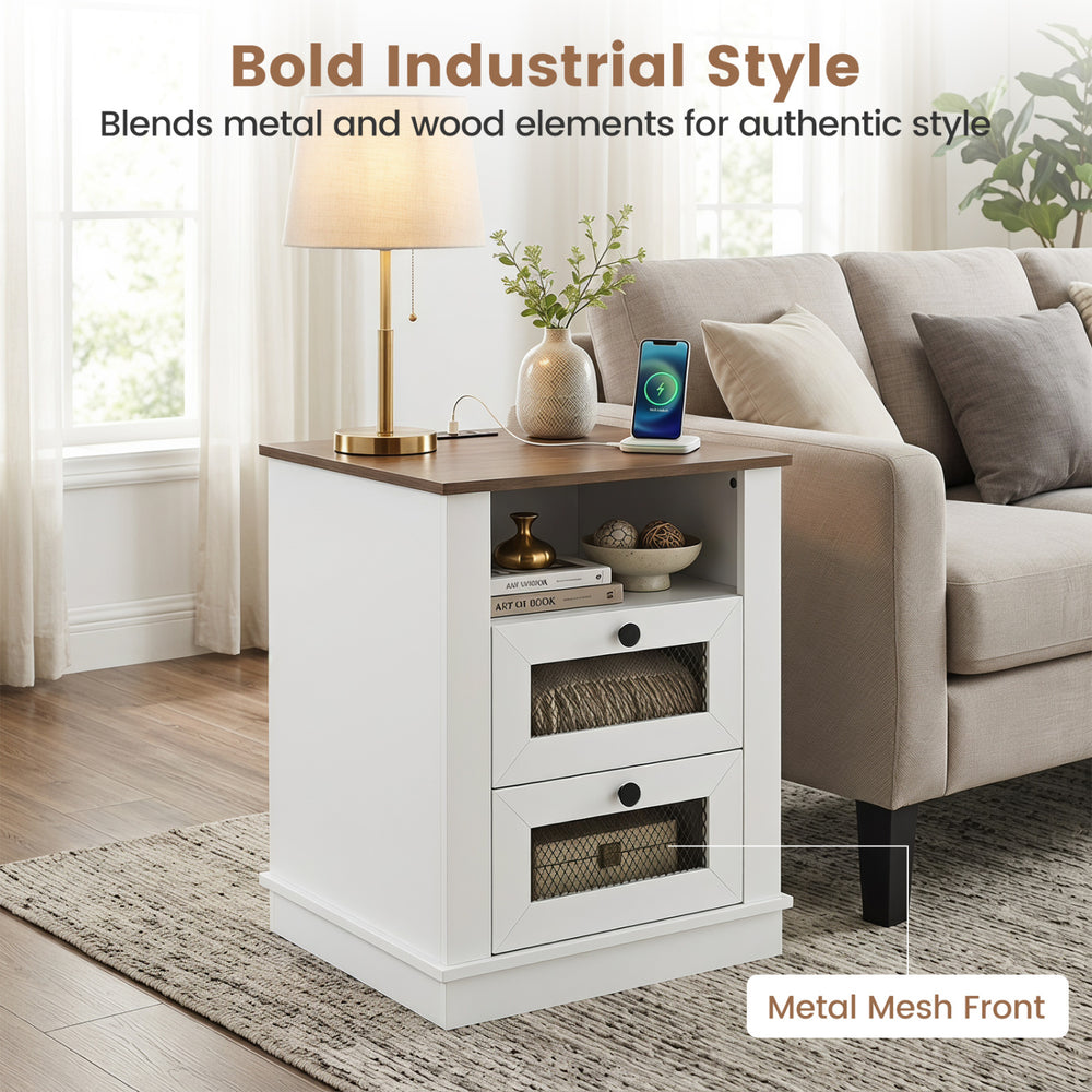 Nightstand with charging station features a rustic brown top, metal mesh front, and two drawers for convenient storage.