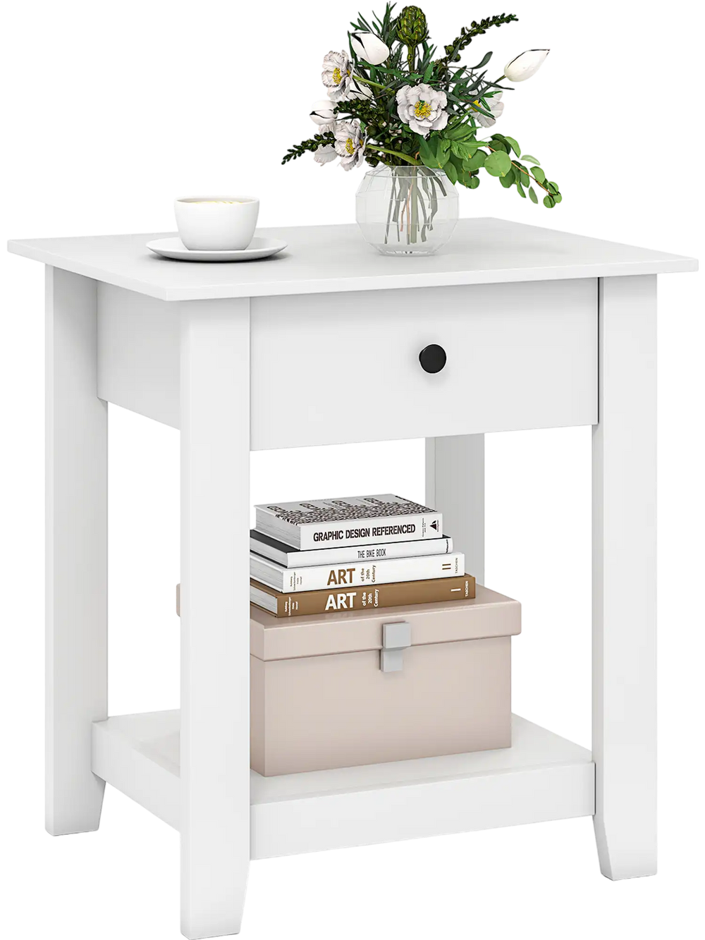 Modern white nightstand with drawer and open shelf, perfect for bedroom or living room storage and organization.