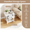 Nightstand with pull-out drawer and open shelf in white, ideal for lamps, cups, and plants in modern living spaces.