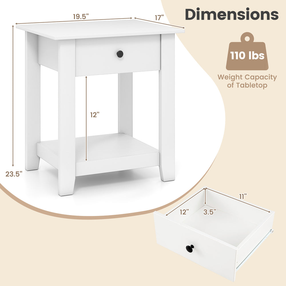 White nightstand with drawer and open shelf, featuring sturdy legs and a weight capacity of 110 lbs for versatile.