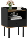 Black nightstand with drawer and open shelf, featuring metal legs, ideal for bedside or as a sofa side table.
