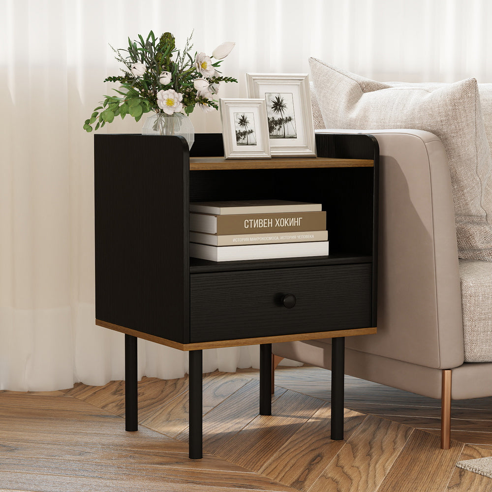 Black nightstand with drawer and open shelf, featuring metal legs and chic design, ideal for bedside or sofa side use.
