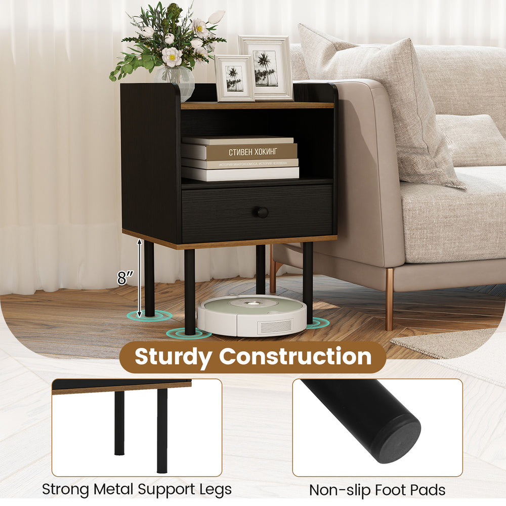 Black nightstand with drawer and open shelf, featuring sturdy metal legs and non-slip foot pads for versatile storage.
