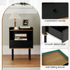 Black nightstand with drawer and open shelf, featuring smooth metal slides and raised edges for secure storage.