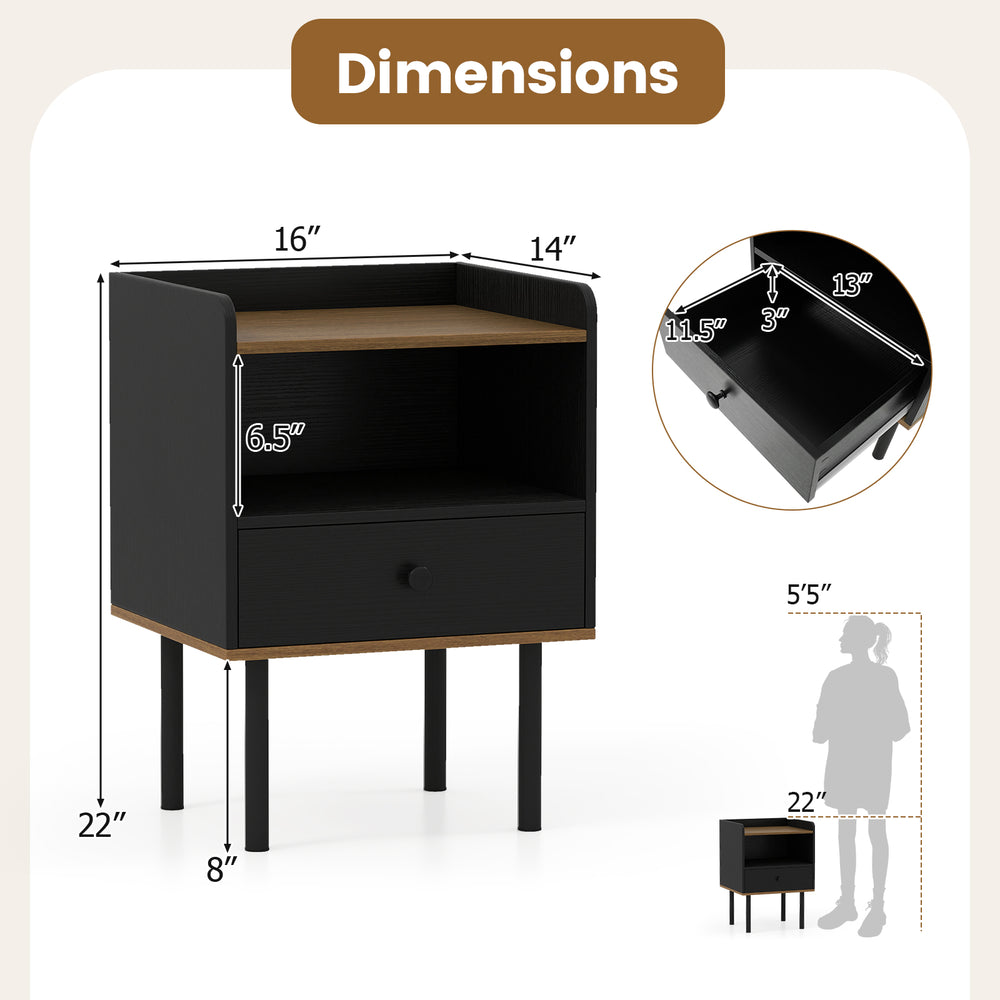 Black nightstand with drawer and open shelf, featuring heavy-duty metal legs and chic design for versatile storage.