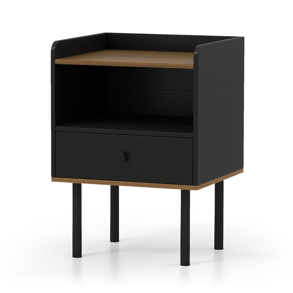 Black nightstand with drawer and open shelf, featuring metal legs and a chic design for versatile storage solutions.
