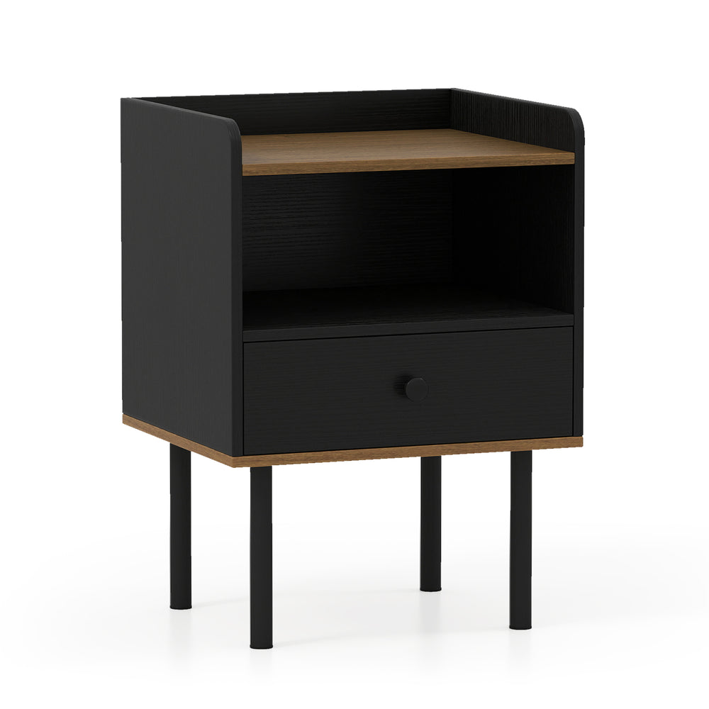 Black nightstand with a spacious open shelf and a slide-out drawer, perfect for stylish bedside or living room storage.