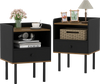 Set of 2 black nightstands with drawer and open shelf, featuring raised edges and metal legs for stylish storage.