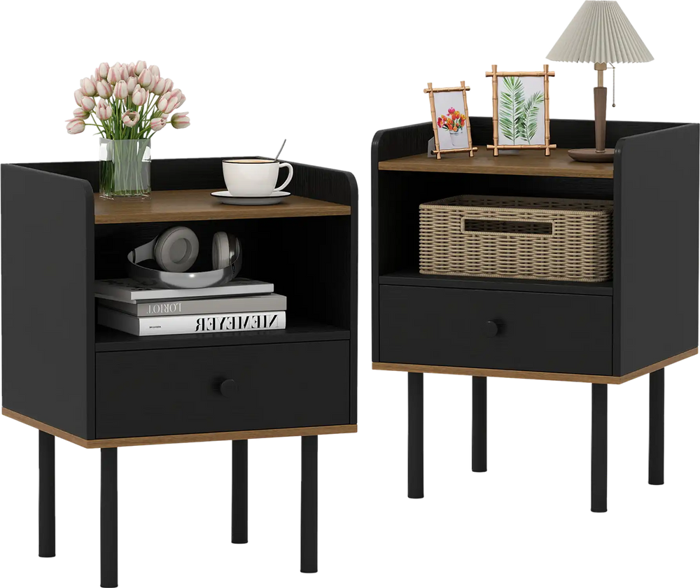 Set of 2 black nightstands with drawer and open shelf, featuring raised edges and metal legs for stylish storage.