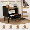 Black nightstand with wide tabletop, open shelf, and large drawer, perfect as a side table for stylish storage.