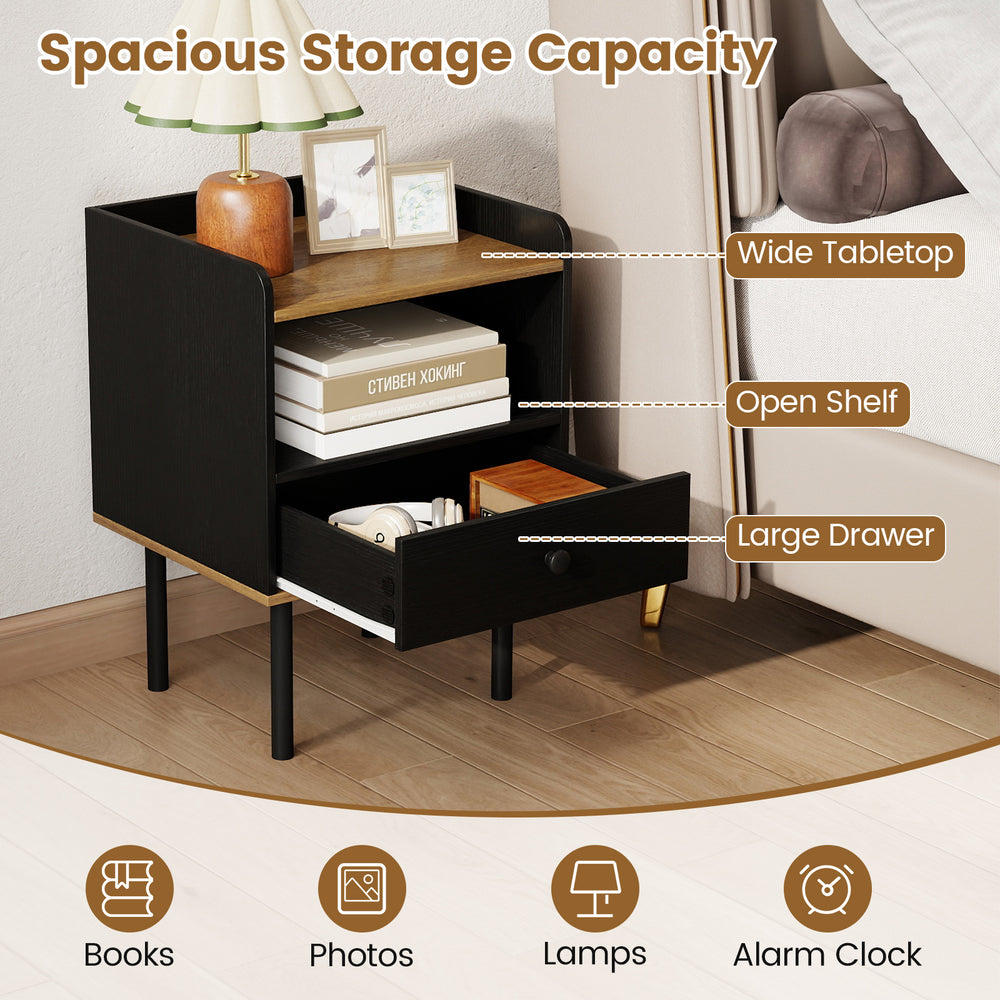 Black nightstand with wide tabletop, open shelf, and large drawer, perfect as a side table for stylish storage.